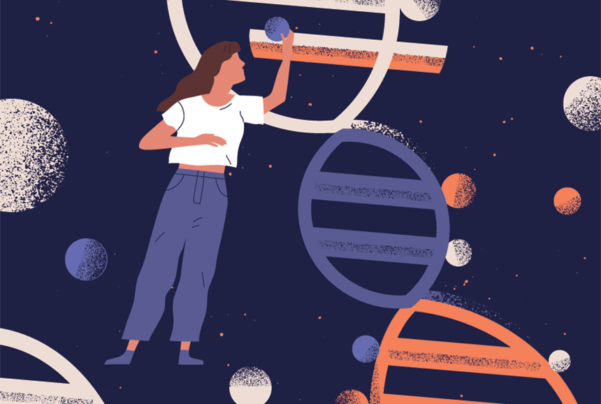 Illustration of woman reaching into a strand of DNA.