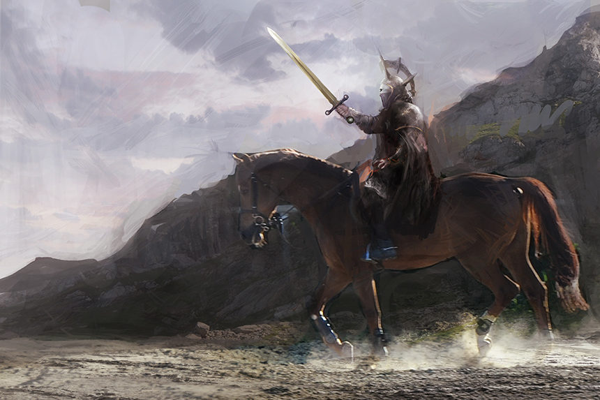 A knight on a horse raises his sword.