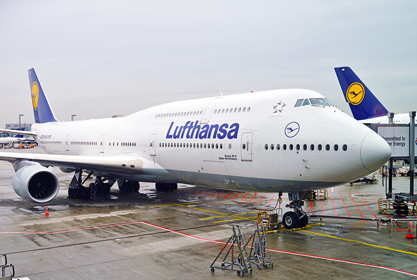 A Lufthansa jet on the tarmac at Frankfurt Airport