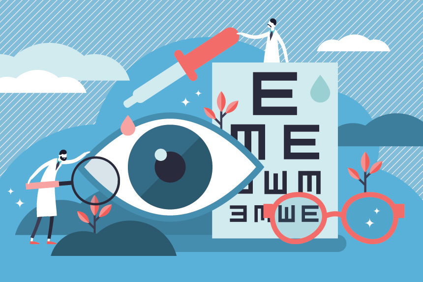 Illustration of eye care symbols, including an eye, eye chart, and eye dropper.
