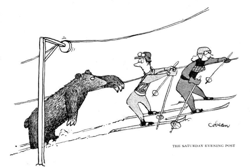 Bear rides a ski lift with two skiers.