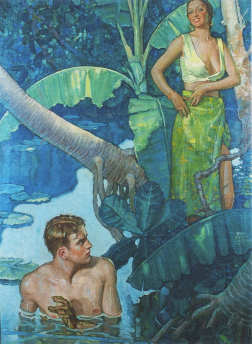 Nude man in a pond, while a woman stands near a palm tree, watching.