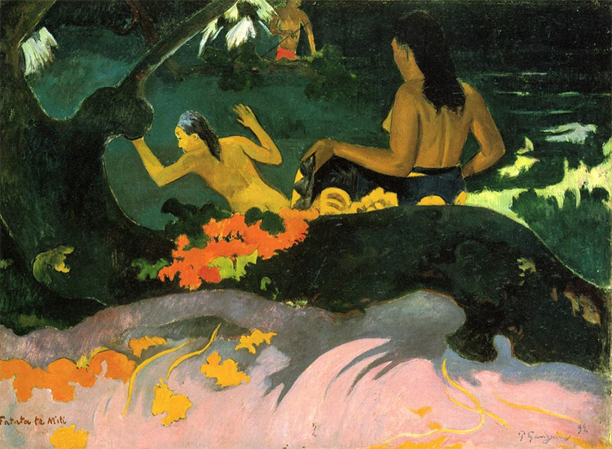 Two nude women in a forest