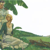 An officer and a woman sit under a palm tree