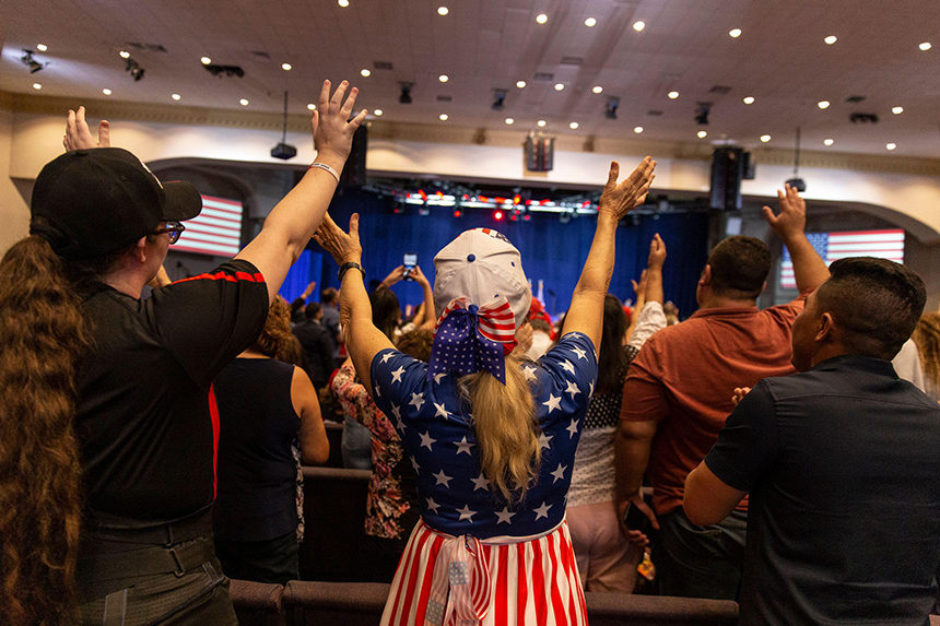 Attendees of the Evangelicals For Trump rally pray and sing along to the religious songs before President Trump takes the stage at El Rey Jesus church.President Donald Trump holds an Evangelicals for Trump' rally at the El Rey Jesus megachurch in south Miami to show up support among his evangelical base in the key swing state of Florida.