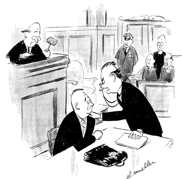 An angry lawyer leans over to his client during a courtroom proceeding.