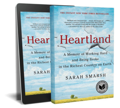 The cover of the book Heartland by Sarah Smarsh, as seen on a book's dust jacket and an iPad.