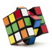 Photo of a twisted Rubik's Cube.