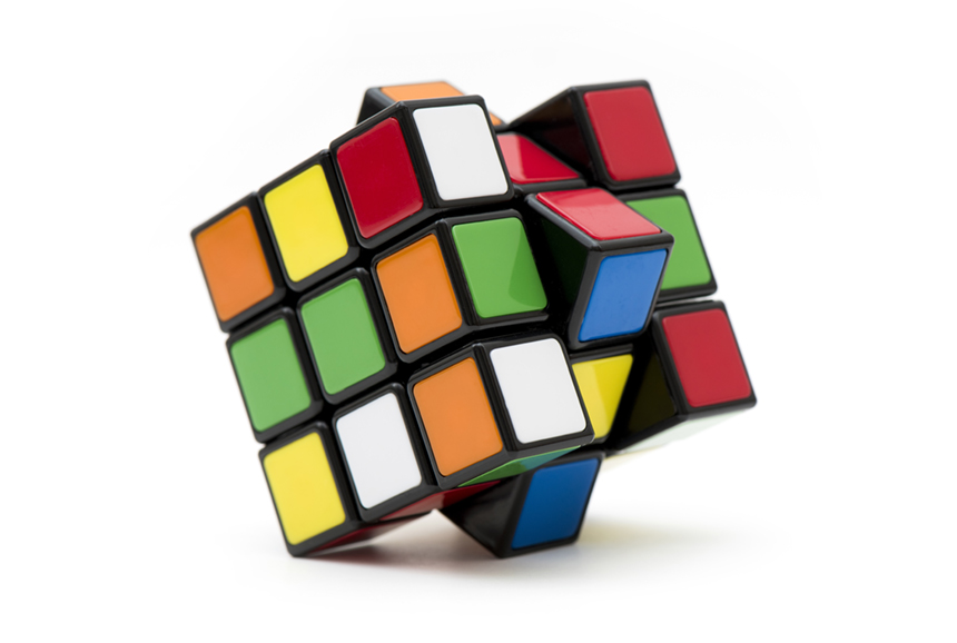 Photo of a twisted Rubik's Cube.