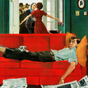 A reclining man on a couch upset that visitors have arrived at his home.