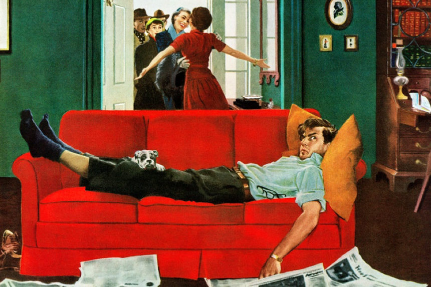A reclining man on a couch upset that visitors have arrived at his home.