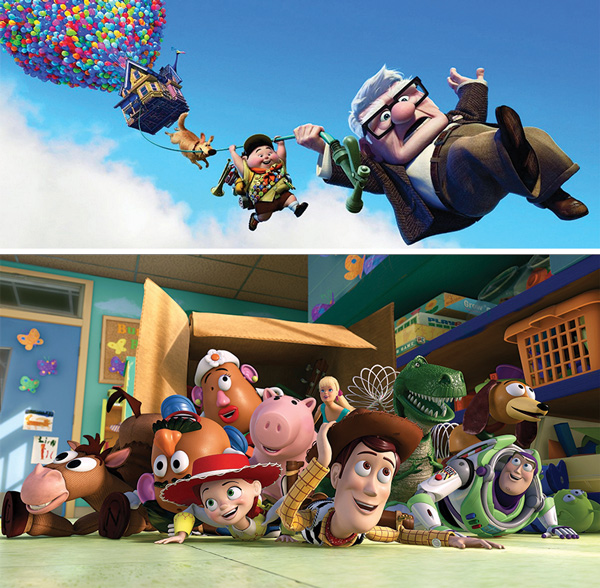 Scenes from the Pixar animated films Up and Toy Story.