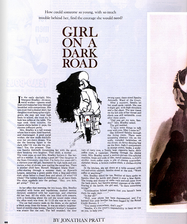 First page of the short story, "Girl on a Dark Road" by Jonathan Pratt, as it was published in the Saturday Evening Post
