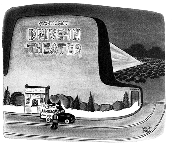 A drive-in theater attendant tells the driver of a political campaign car that he will through them out if they use the giant loudspeakers mounted atop the vehicle.