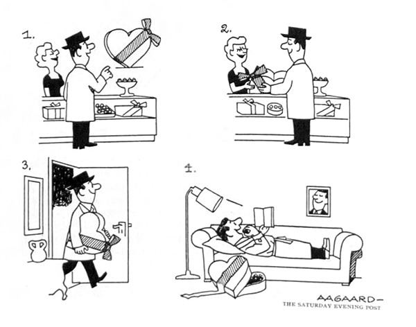 A series of comic panels showing a bachelor buying Valentine's chocolates for himself. The final panel has him laying on a couch eating the chocolates, while reading a book.