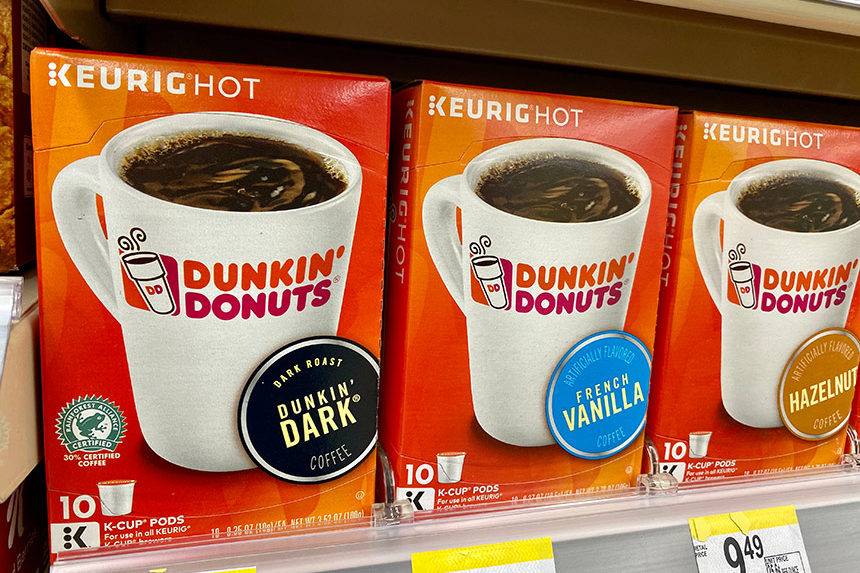 Boxes of Dunkin' Donuts brand Keurig coffee