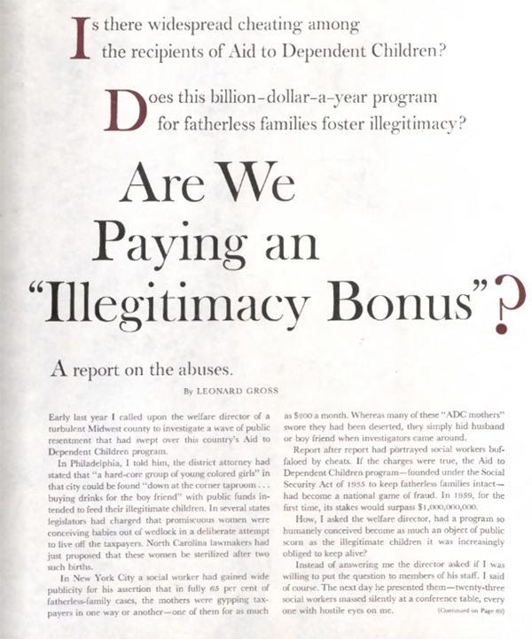 The first page of the magazine article "Are We Paying an Illegitimacy Bonus," by Leonard Gross, as it appeared in The Saturday Evening Post