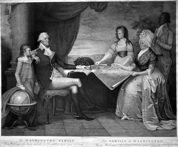 American Revolution Era engraving of George Washington and his family. They're accompanied by their slave, who was known as "Curtis"