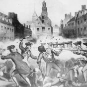 Engraving of a scene at the Boston Massacre. Crispus Attucks can be seen as one of the men shot and killed by British soldiers.