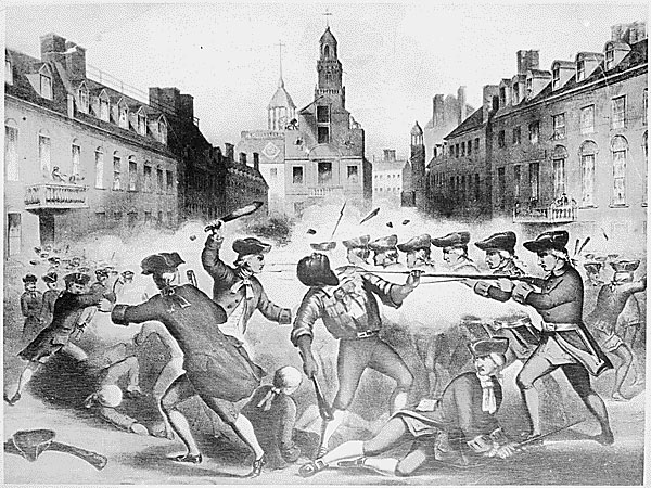 Engraving of a scene at the Boston Massacre. Crispus Attucks can be seen as one of the men shot and killed by British soldiers.