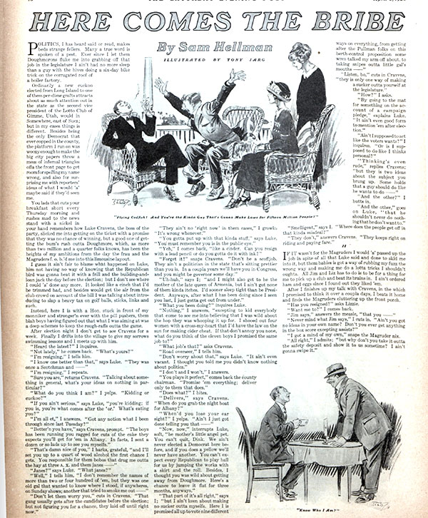 The first page of the story, "Here Comes the Bribe," by Sam Hellman, as it appeared in an old issue of The Saturday Evening Post