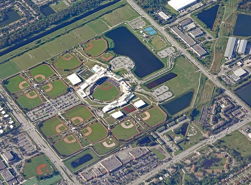 Aerial view of the FITTEAM stadium in West Palm Beach, Florida