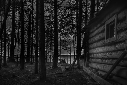 A log cabin deep in the woods. A body of water can be seen through the trees in the distance.