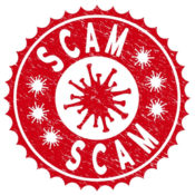 A stamp with a virus and the word "scam"