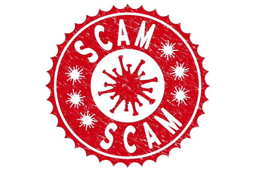 A stamp with a virus and the word "scam"