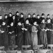 Class of women college students from the late 1800s. Among them is Sophia Hayden.
