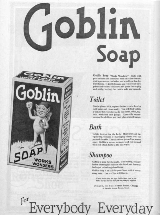 A vintage magazine ad for soap, featuring a little cartoon goblin.