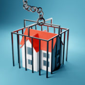 A computer generated image of a house trapped in a cage