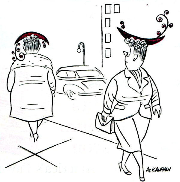 Woman passes by someone on the street who's wearing the same hat she's wearing, just upside down.