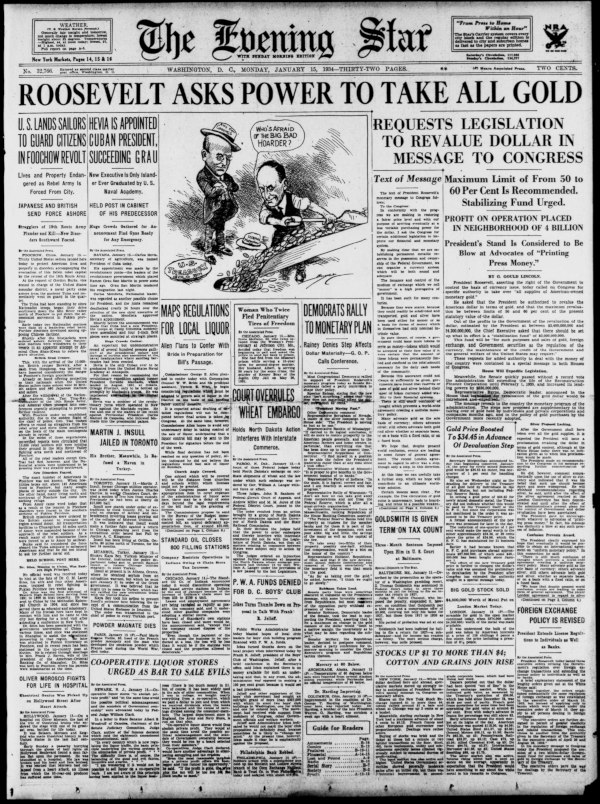 Front page of the Evening Star, reporting that president Franklin D. Roosevelt has asked Congress for the power to confiscate gold