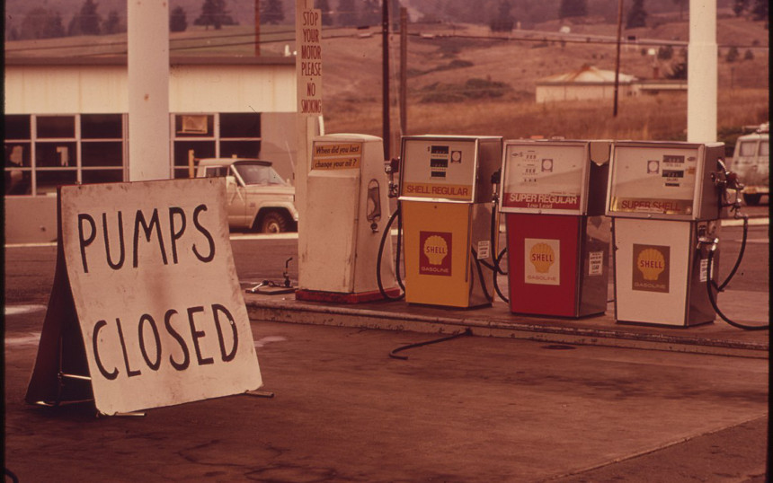 Closed pumps at a gas station during the Oil Crisis