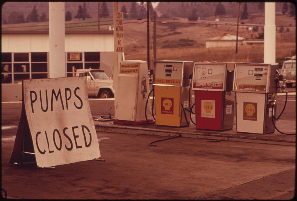 Closed pumps at a gas station during the Oil Crisis