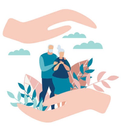 Illustration of a pair of doctor's hands holding an elderly couple. Symbolizes elderly healthcare.