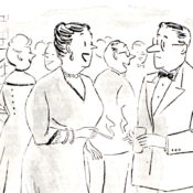 Woman talking to an author at a party