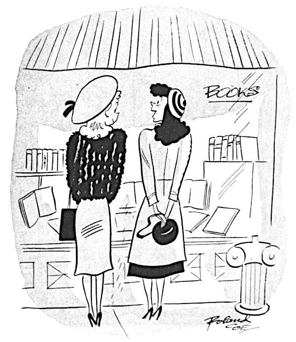 Two women talking as they window shop a book store