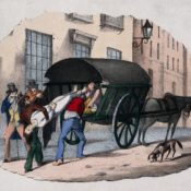 People loading a corpse onto a wagon