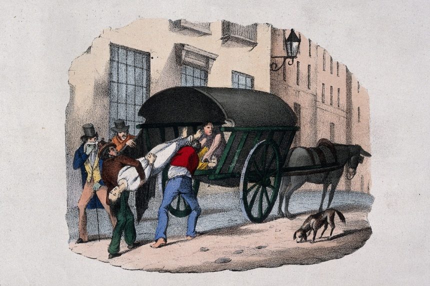 People loading a corpse onto a wagon