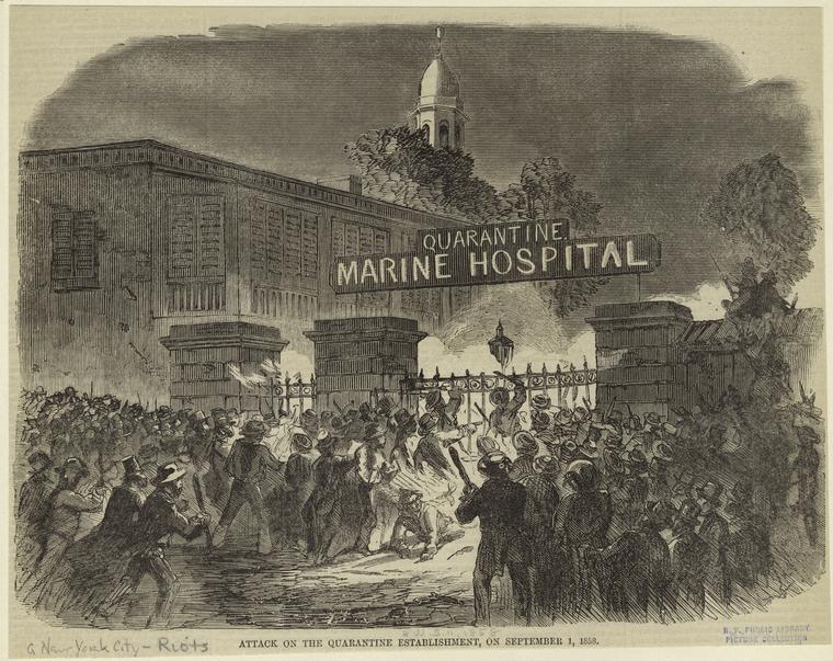 Illustration of a mob outside a hospital