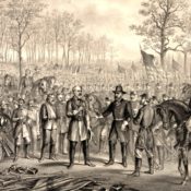 Illustration of Robert E. Lee surrendering to Ulysses S. Grant at Appomattox Court House