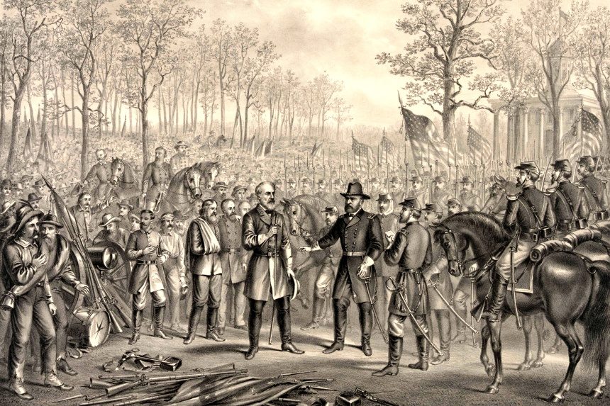 Illustration of Robert E. Lee surrendering to Ulysses S. Grant at Appomattox Court House