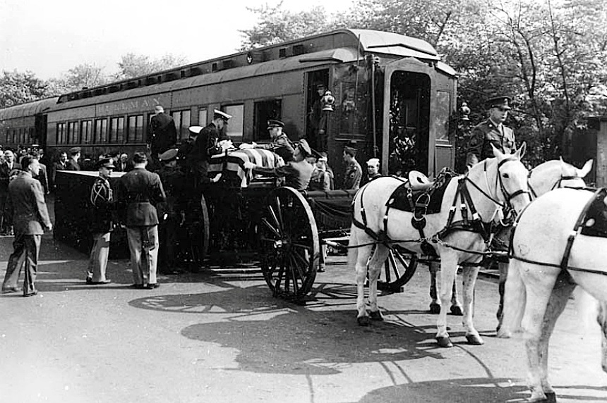 FDR's funeral casket is loaded onto his train.