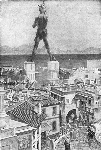 The ancient Colossus at Rhodes looms over the harbor.