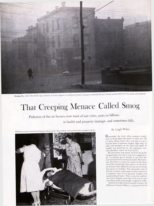 The first page of the article, "That Creeping Menace Called Smog" as it appeared in the Saturday Evening Post