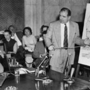 Joseph McCarthy gives a presentation in front of United States Army lawyer Joseph Welch during a congressional hearing