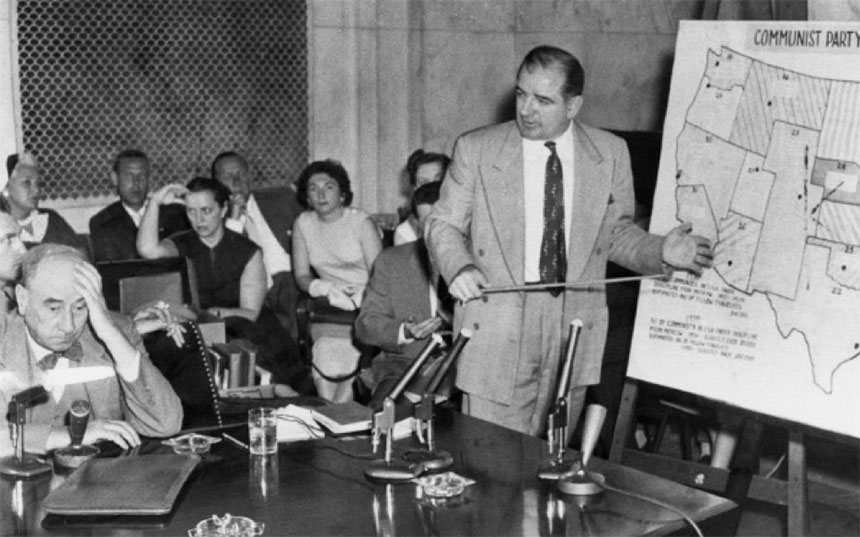 Joseph McCarthy gives a presentation in front of United States Army lawyer Joseph Welch during a congressional hearing