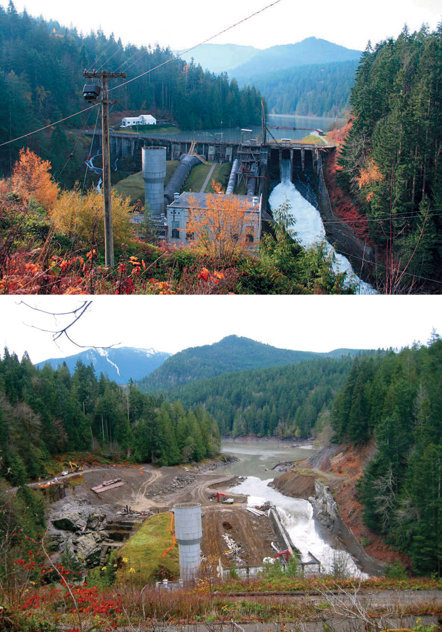 The before and after photos of the Elwha Dam site